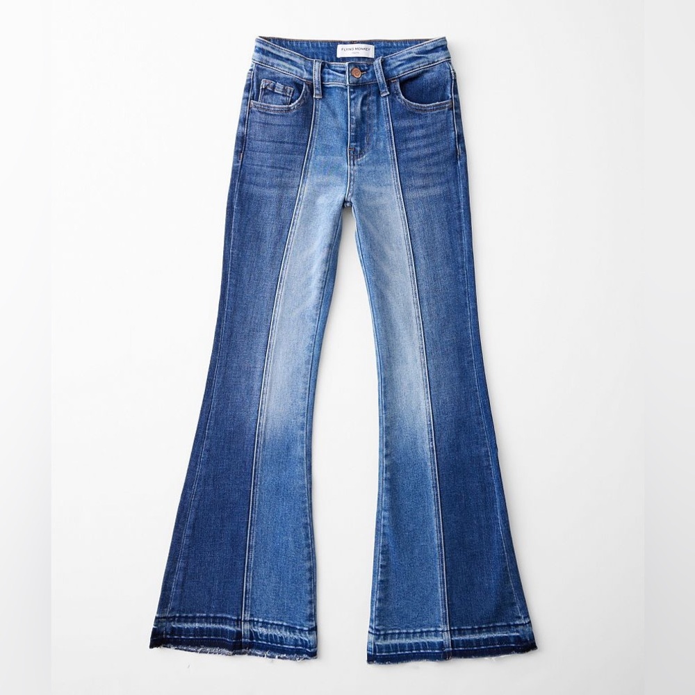 FLYING MONKEY two tone raw edge flare jeans size 26 NWOT
